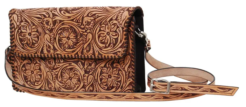Rafter T Ranch Brown Floral Tooled Crossbody Bag 1