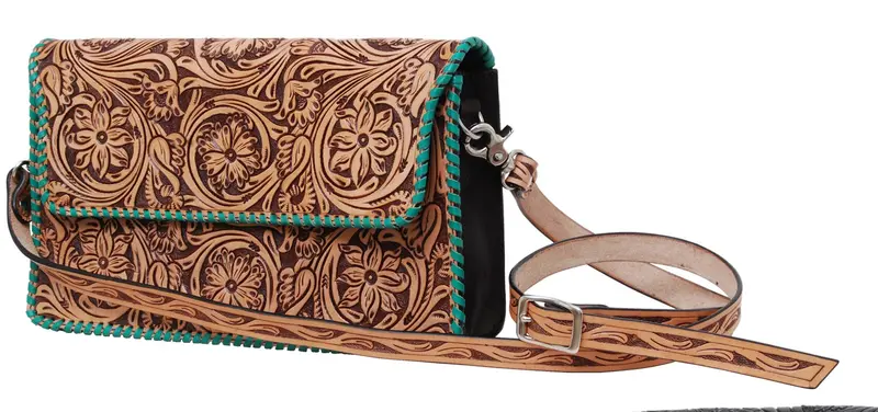 Rafter T Ranch Brown Floral Tooled With Turquoise Whipstitch Crossbody Bag 1
