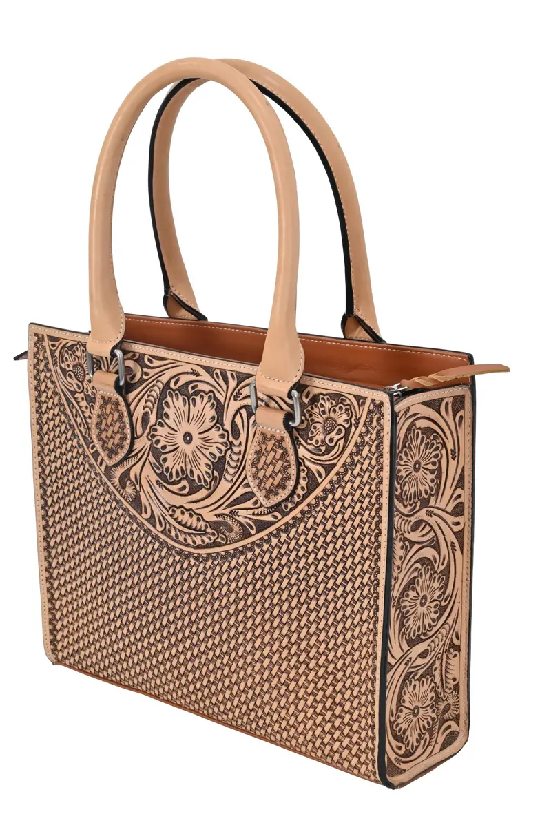 Rafter T Ranch Natural Floral Tooled Tote Hand Bag 1
