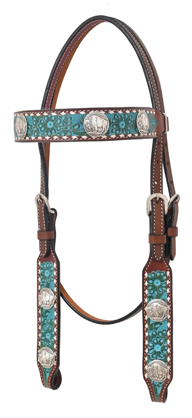 Rafter T Ranch Turquoise Buckstitched Buffalo Nickel Browband Headstall 1