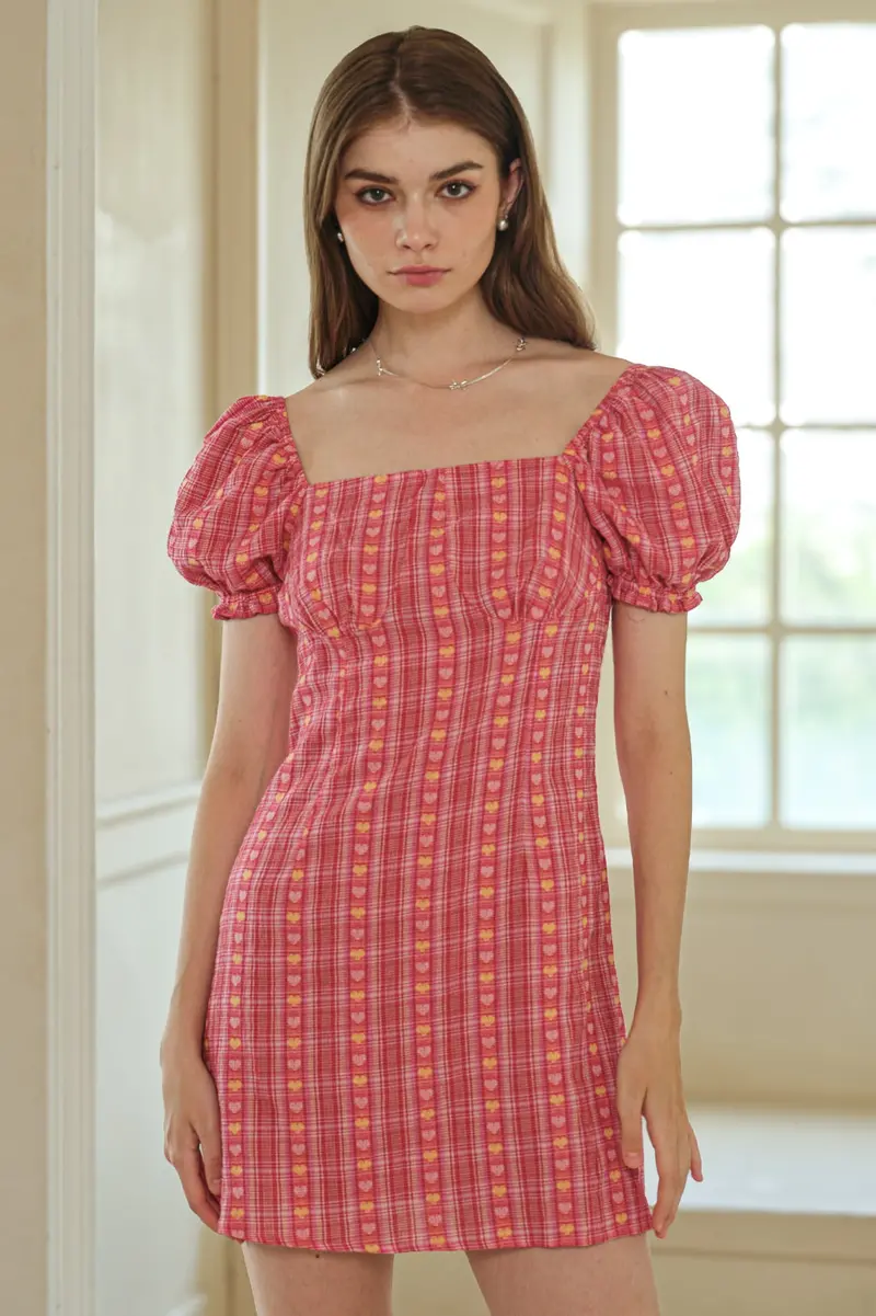 Rosie Posie Women's Pink And Yellow Heart Puff Sleeve Dress 1