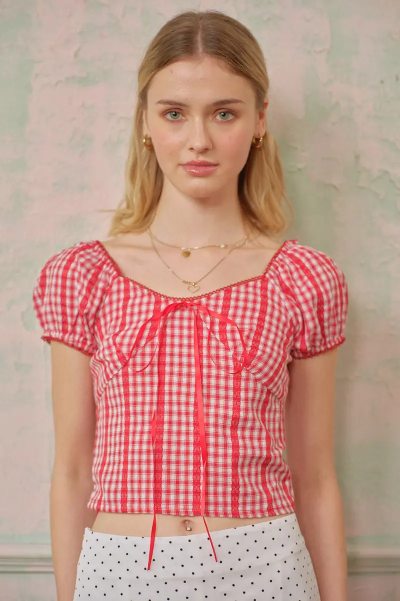 Rosie Posie Women's Red Plaid Cottagecore Crop Top 1