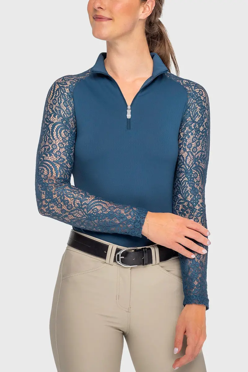Sale Kastel Long Sleeve Sailor Blue Floral Lace Raglan 1/4 Zip 1
