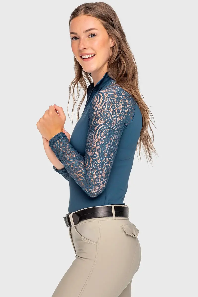 Sale Kastel Long Sleeve Sailor Blue Floral Lace Raglan 1/4 Zip 2