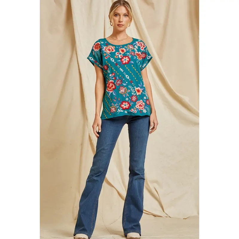 Savanna Jane Teal Classic Dolman Sleeve Embroidered Top 1