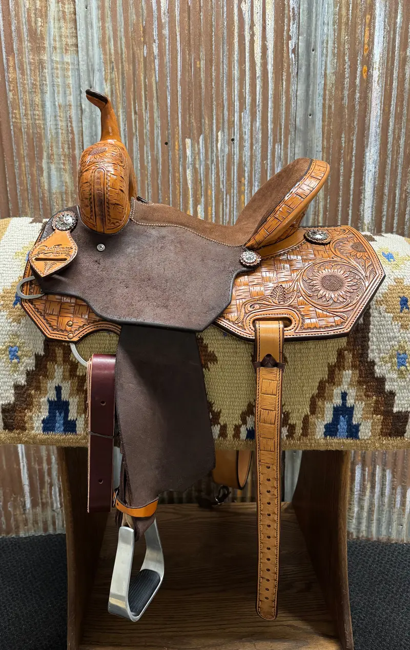 Scott Thomas Custom Chocolate Roughout And Sunflower Barrel Racer 1