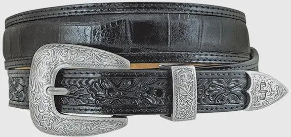 Stetson Black Croco Print Tooled Tapered Belt 1