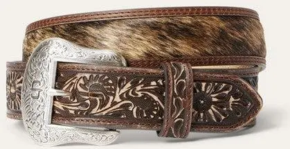 Stetson Hair On Hide Tooled Tab Belt 1