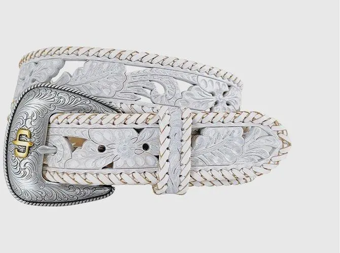 Stetson Women's White Floral Tooled And Laced Belt 1