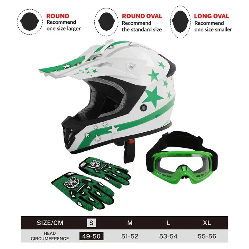 Tcmt Green Star Youth Kids Dot Motocross Off-Road Helmet 1