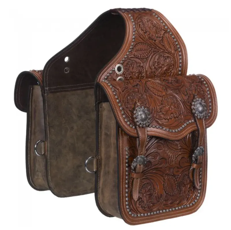 Tough1 Leather Floral And Oak Leaf Tooled Saddle Bag 2