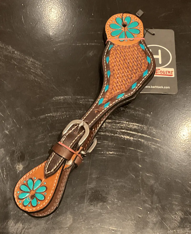 Turq Buckstitch Tooled Leather Spur Straps 1