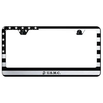 U.S.M.C. Laser Etched Logo Stainless Steel License Plate Frame (Black) 1