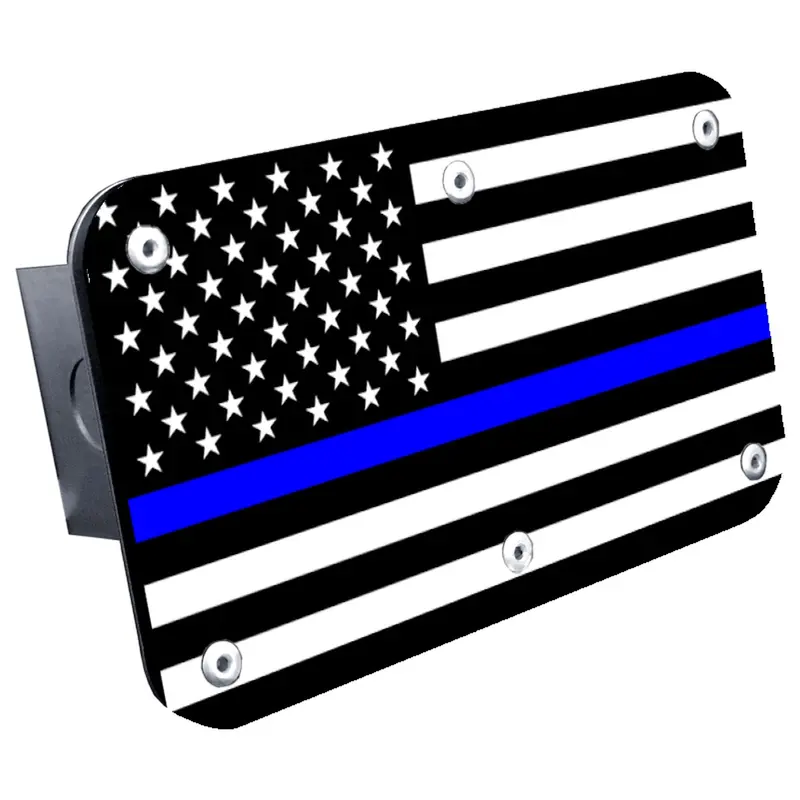 Usa Flag Thin Blue Line Hitch Cover Plug (Brushed Chrome) 1