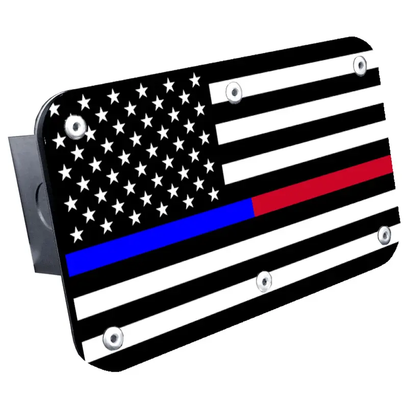 Usa Flag Thin Blue Red Line Hitch Cover Plug (Brushed Chrome) 1