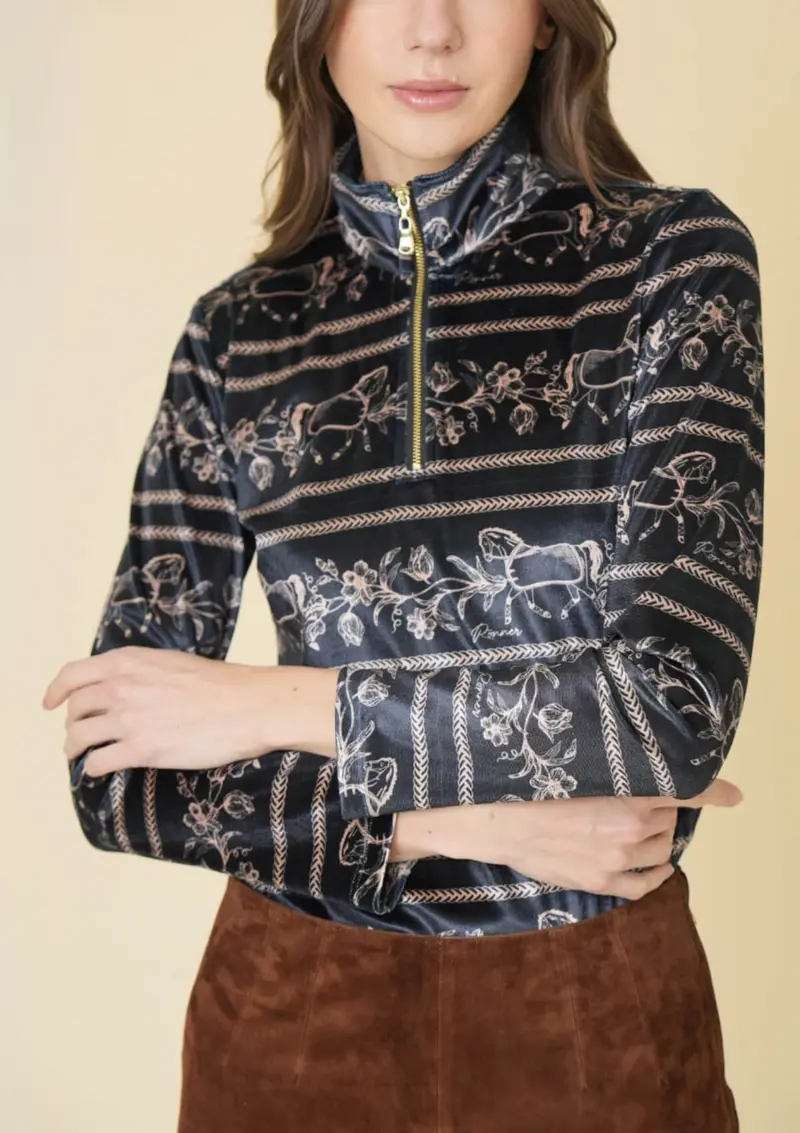 Velour Quarter Zip | Long Sleeve | Dancing Horses Print | Noir 1