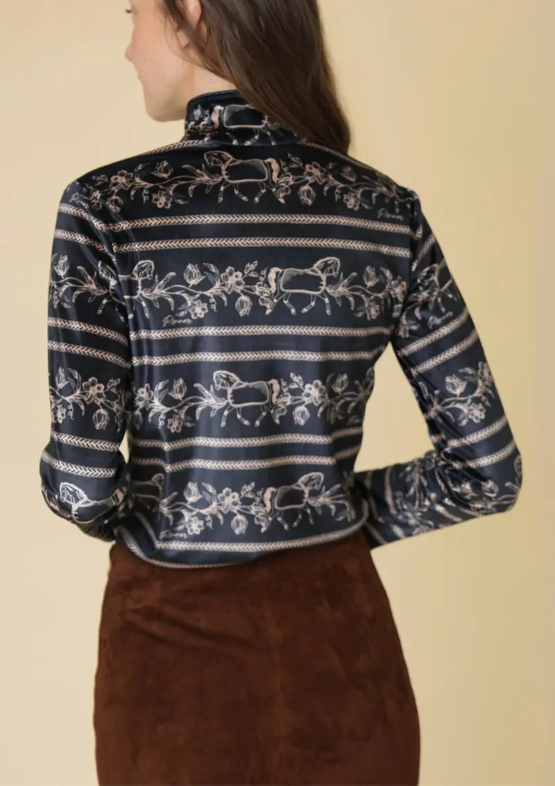 Velour Quarter Zip | Long Sleeve | Dancing Horses Print | Noir 2
