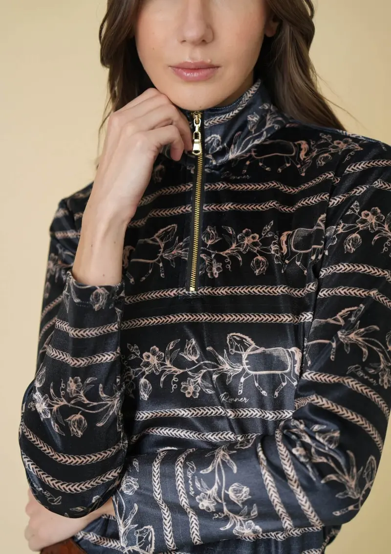 Velour Quarter Zip | Long Sleeve | Dancing Horses Print | Noir 3
