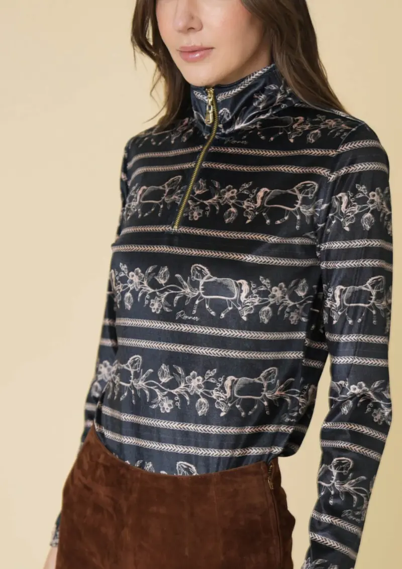 Velour Quarter Zip | Long Sleeve | Dancing Horses Print | Noir 4