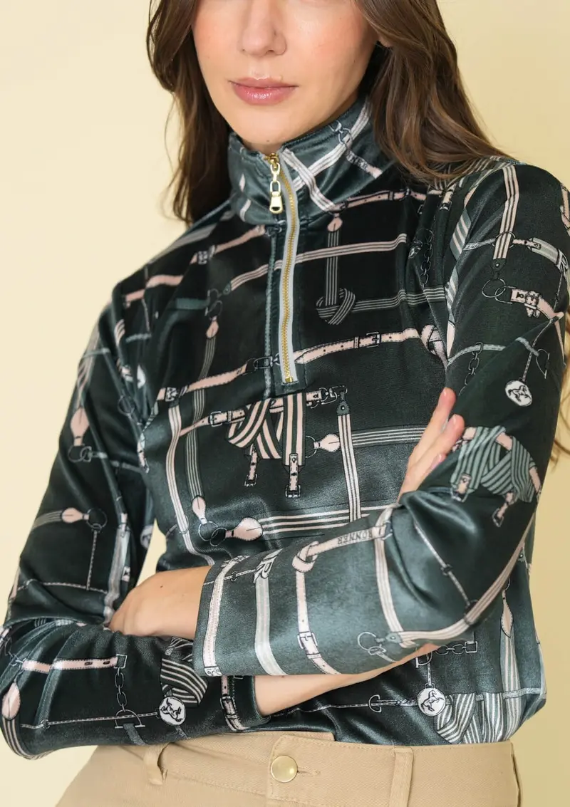 Velour Quarter Zip | Long Sleeve | Jubilea Print | Green 1