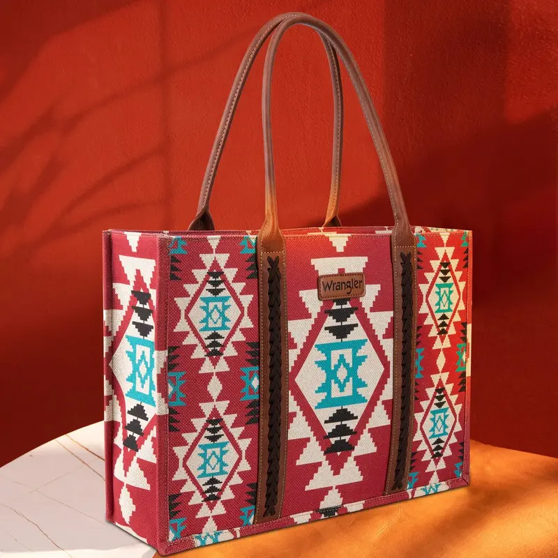 Wrangler Burgundy Southwestern Print Dual Sided Wide Tote 1