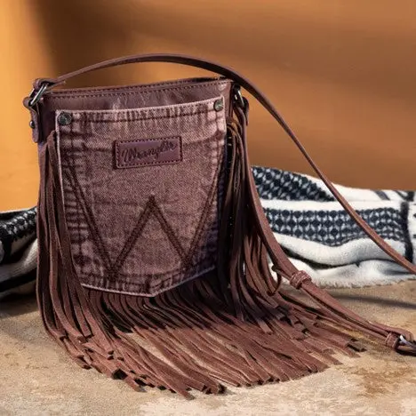 Wrangler Light Coffee Leather Fringe Denim Pocket Crossbody Bag 1