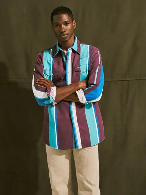 Wrangler Men's Aubergine Teal Vintage Brushpopper Snap Work Shirt 1