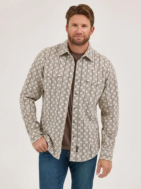 Wrangler Men's Ecru Stripe Retro Printed Western Snap Shirt 1