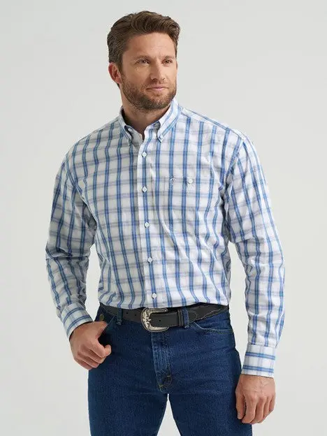 Wrangler Men's Navy Blue Plaid George Strait One Pocket Button Down Shirt 1