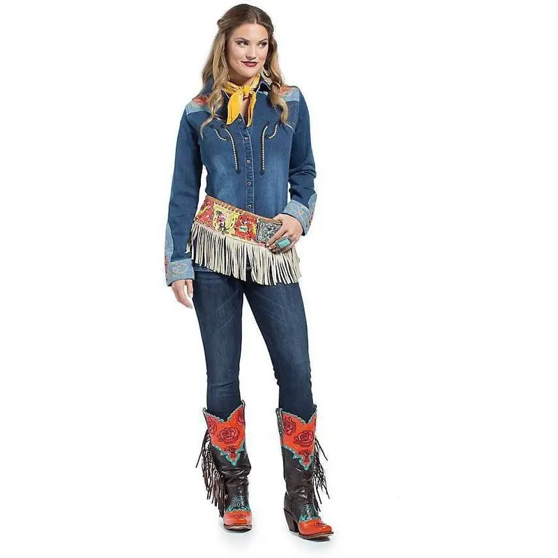 Wrangler Rodeo Quincy Denim Floral Screen Print Long Sleeve Snap Shirt 1
