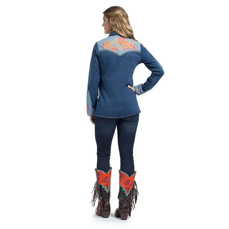 Wrangler Rodeo Quincy Denim Floral Screen Print Long Sleeve Snap Shirt 2