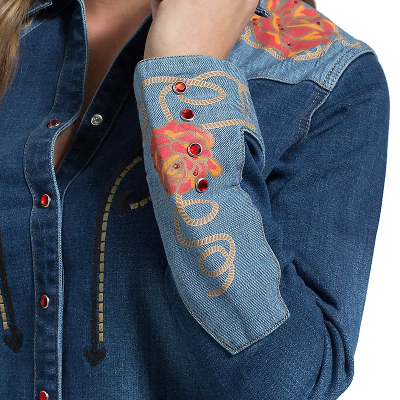 Wrangler Rodeo Quincy Denim Floral Screen Print Long Sleeve Snap Shirt 3