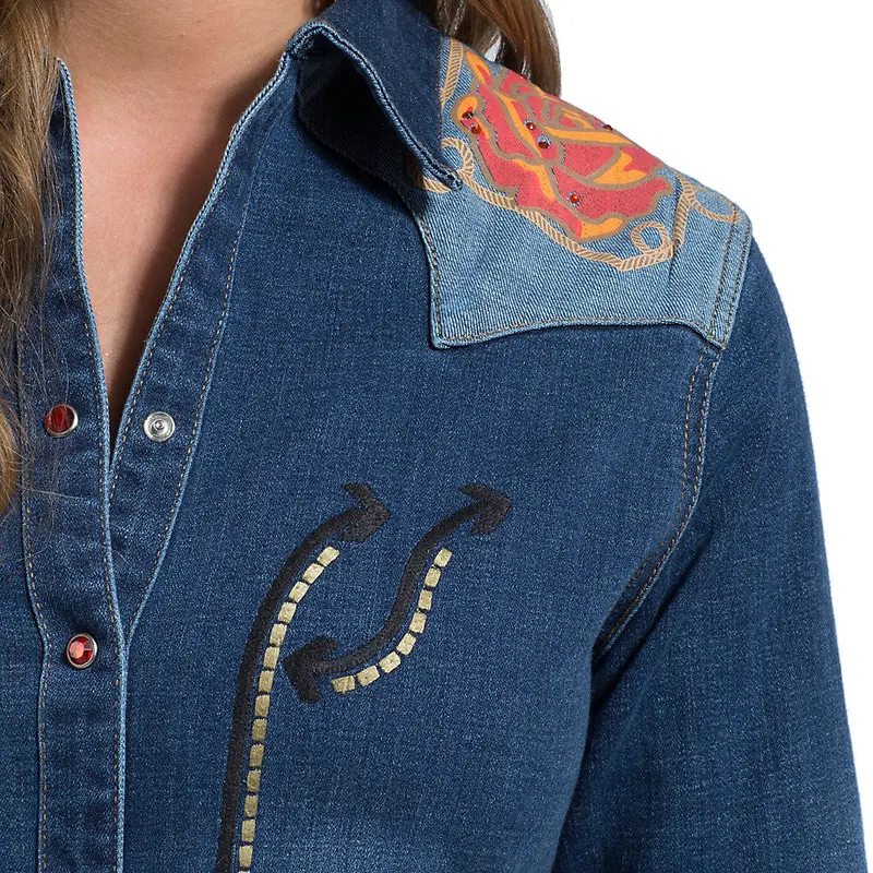 Wrangler Rodeo Quincy Denim Floral Screen Print Long Sleeve Snap Shirt 4