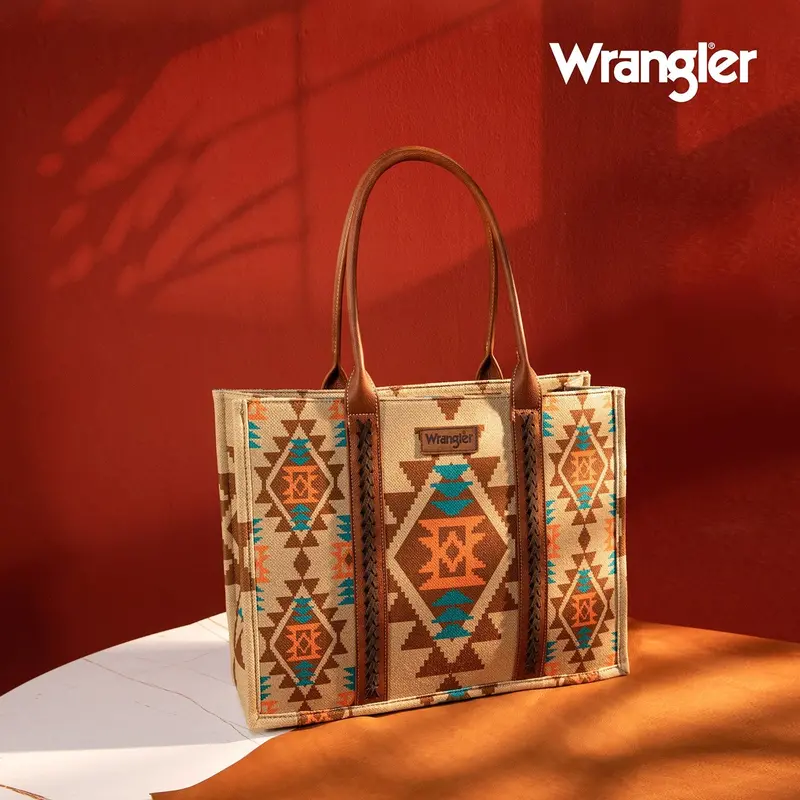 Wrangler Tan Southwestern Print Dual Sided Wide Tote 1