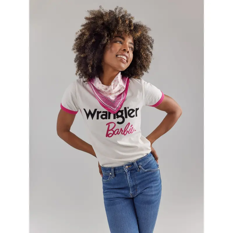 Wrangler Women's Barbie Logo Worn White Slim Ringer Tee 1
