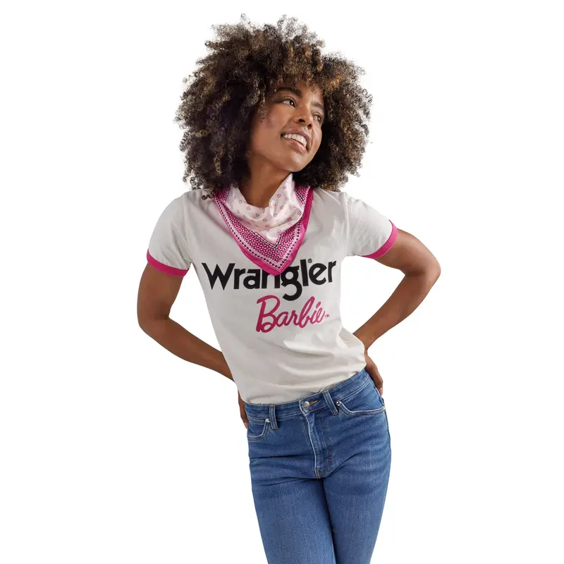 Wrangler Women's Barbie Logo Worn White Slim Ringer Tee 2