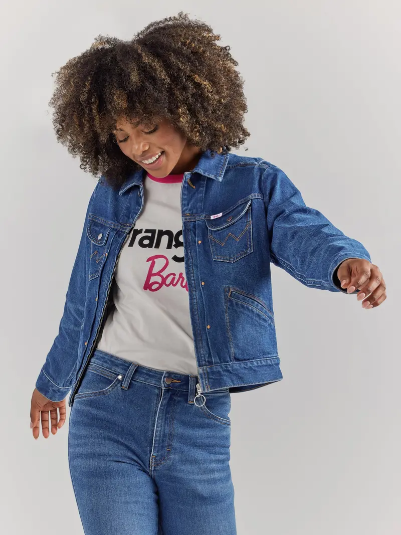 Wrangler Women's Barbie Logo Worn White Slim Ringer Tee 3