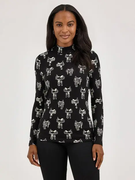 Wrangler Women's Black Saddle Print Mock Neck Shirt 1