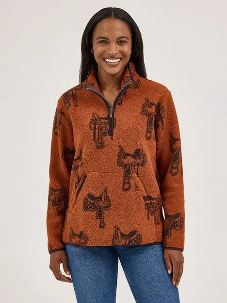 Wrangler Women's Horse Brown Quarter Zip Sherpa Pullover 1