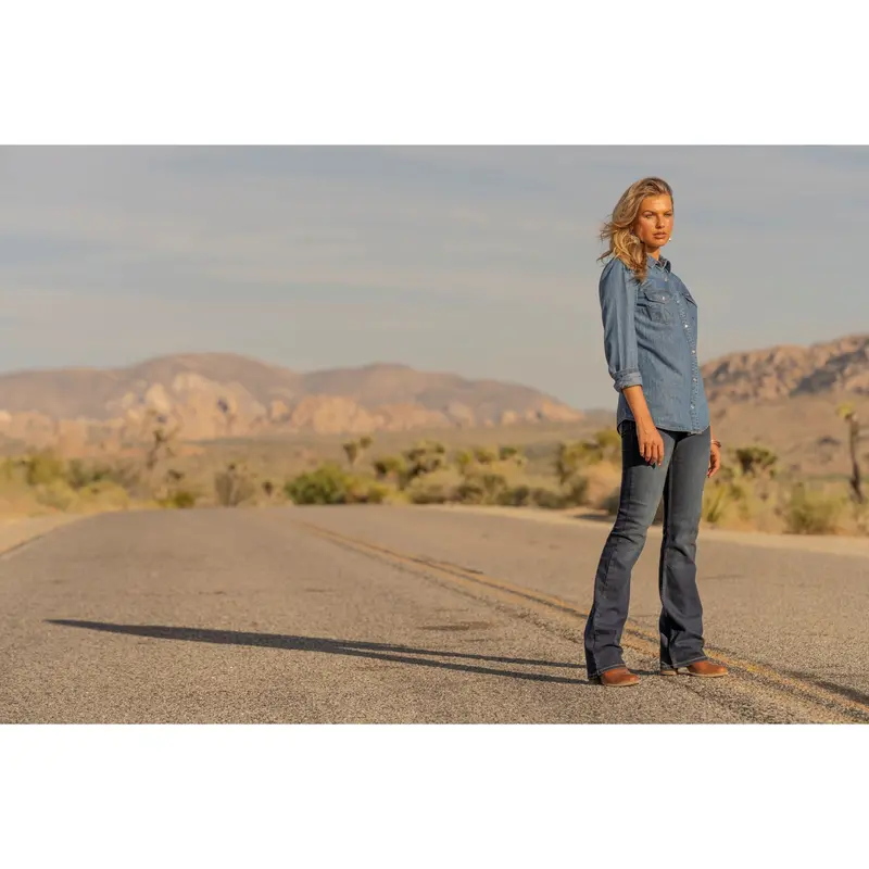 Wrangler Women's Long Sleeve Denim Snap Shirt-Mid Wash 1