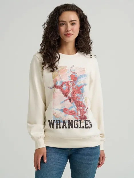 Wrangler Women's Painterly White Bucking Pastel Graphic Crew Sweatshirt 1