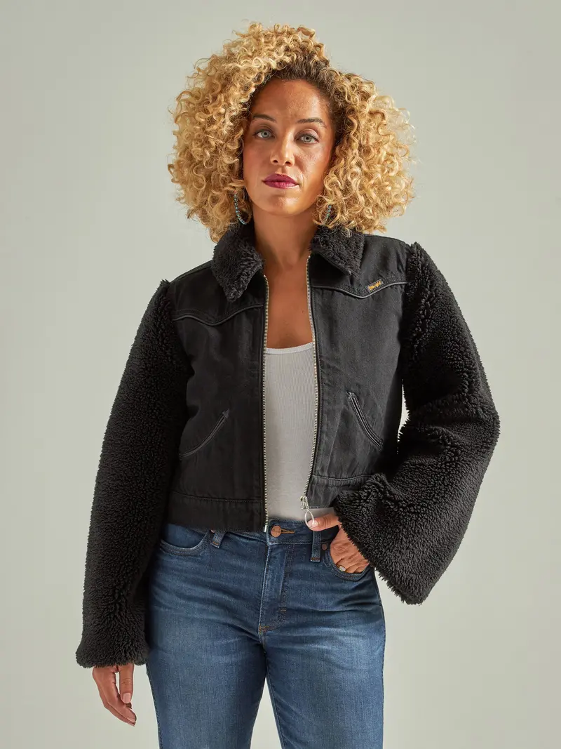 Wrangler Women's Retro Black Denim Contrast Sleeve Jacket 1