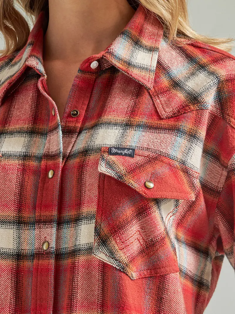 Wrangler Women's Retro Burnt Henna Boyfriend Plaid Flannel Shirt 4