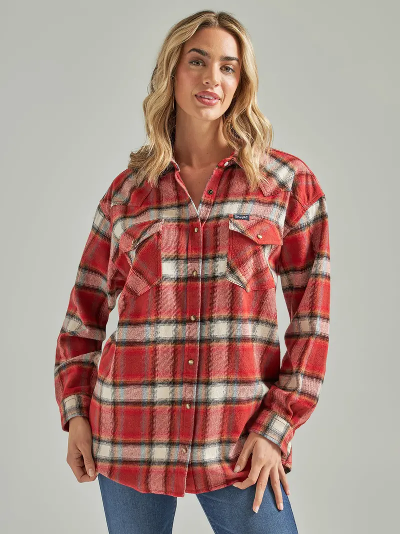 Wrangler Women's Retro Burnt Henna Boyfriend Plaid Flannel Shirt 5