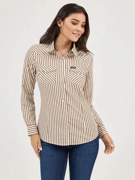 Wrangler Women's Tan Stripe Western Snap Shirt 1