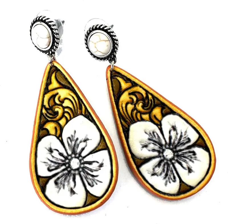 Wyo-Horse Floral Tooled Teardrop Earrings 1